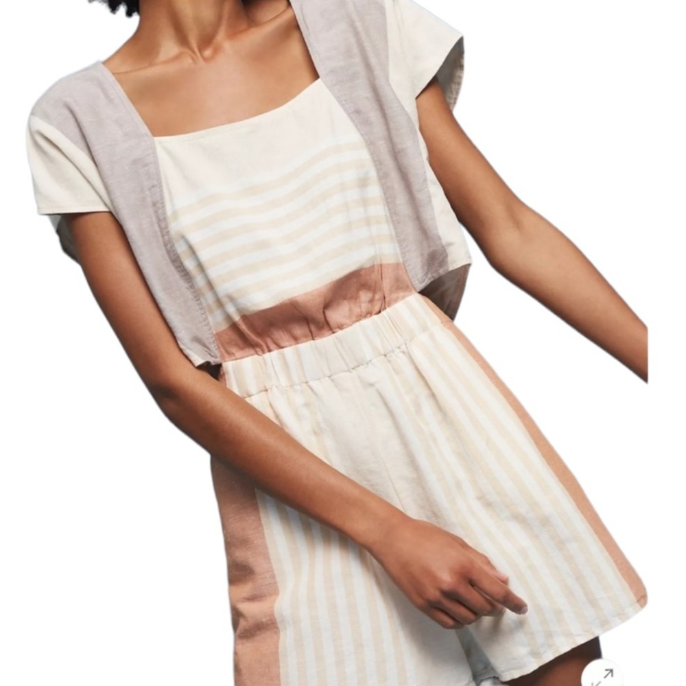 Anthropologie Elevenses Striped Neutral Linen Blend Summer Romper Size XSP